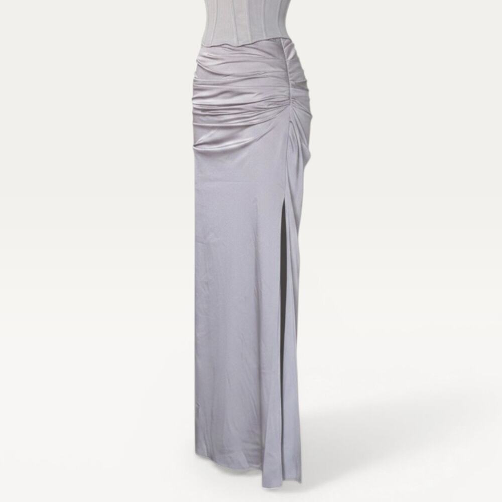 House of CB Jia Silver Pewter Satin Maxi Skirt High Slit Formal XS